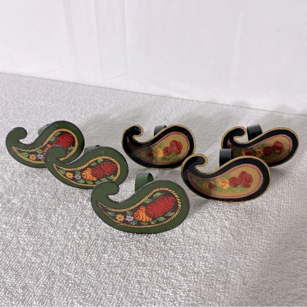 Vintage Painted Paisley Metal Napkin Rings x6